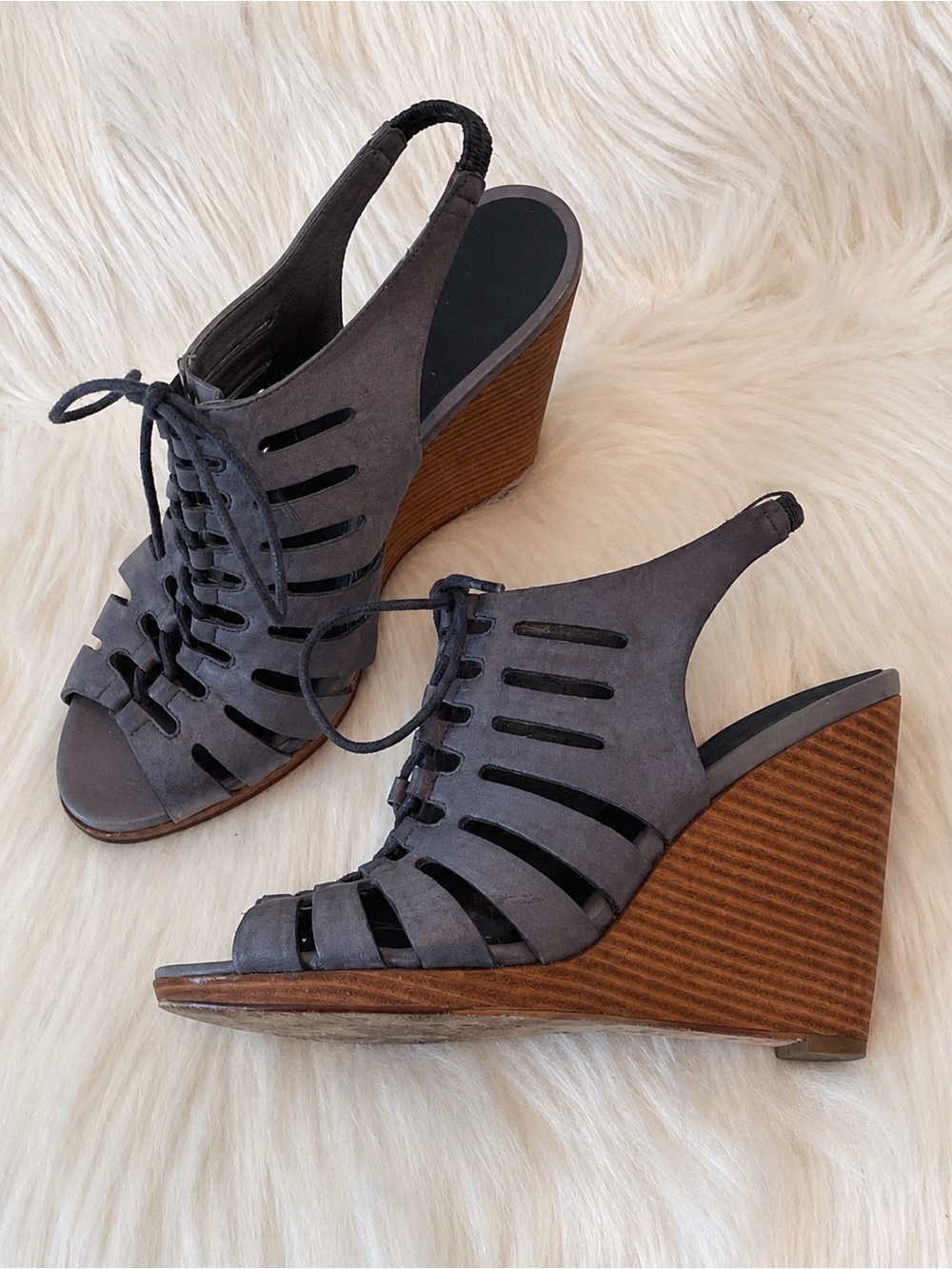 Cole Haan - Blue-Gray Leather Cutout Lace-Up Wedge Sandals